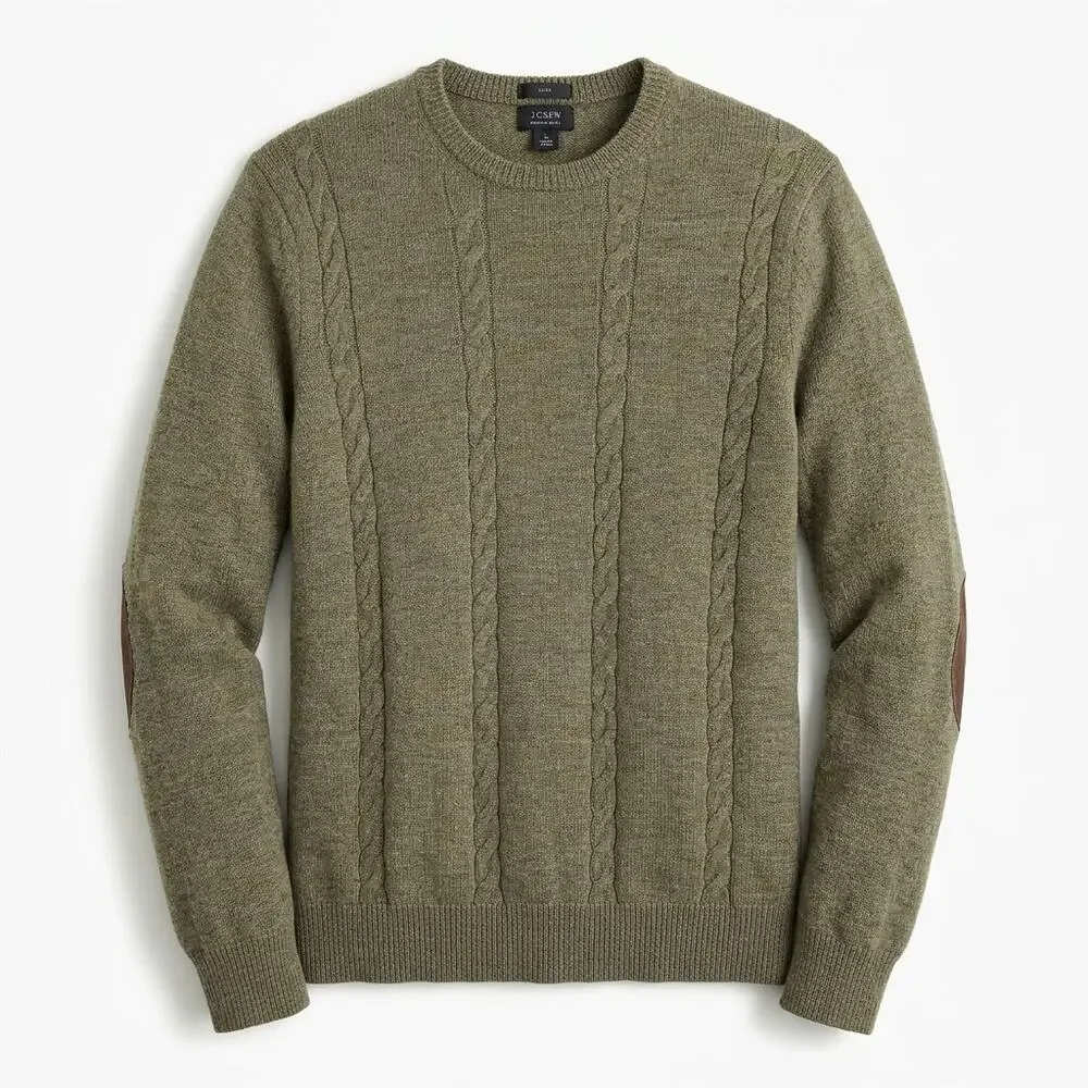 J.Crew Slim Wool Olive Green Cable Knit Crew Neck Sweater Men Size L